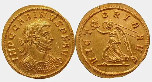 monnaie en or, face buste barbu, revers, Victoire marchant