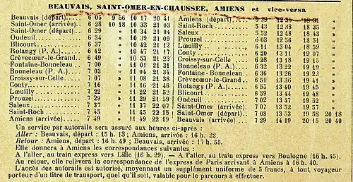 Horaires de la ligne en 1938, peu avant la suppression du service