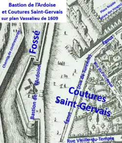 Le Bastion de l’Ardoise avant l’urbanisation des terraines environnants sur plan Vassalieu de 1609