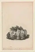 Photographie en noir et blanc d'une gravure de petit format représentant, au premier plan d'un bâtiment circulaire à colonnes, et d'un bosquet, trois personnages surélevés, les deux premiers habillés à l'antique, le dernier portant une perruque et une tenue plus moderne.