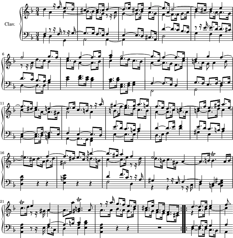 \version "2.18.2"
\header {
tagline = ##f
% composer = "Domenico Scarlatti"
% opus = "K. 92"
% meter = "-"
}
%% les petites notes
trillGisBp = { \tag #'print { < gis, b >4.\trill } \tag #'midi { << { c32 b c b~ b4 } \\ { gis4. } >> } }
trillBp = { \tag #'print { b4.\trill } \tag #'midi { c32 b c b~ b4 } }
trillCqp = { \tag #'print { c8.\trill } \tag #'midi { d32 c d c~ c16 } }
upper = \relative c'' {
\clef treble
\key d \minor
\time 3/4
\tempo 4 = 82
\repeat volta 2 {
%s8*0^\markup{Allegro}
<< { s4 s8 r16 f16 e8. d16 | cis4~ cis8. cis16 d4~ | d8. e16 cis8. d16 e4~ | e8. a,16 d2~ |
% ms. 5
d8. cis16 d4 e }
\\ { d4 a bes~ | bes8. bes16 a8. g16 r8 r16 a16 | g4~ g8. bes16 a8. g16 | f4~ f8. f16 g8. a16 |
% ms. 5
bes4~ bes8. a16~ a8. g16 } >>
% ms. 6
<< { f'2 g8. f16 | e4 f4~ f8. g16 | < f a >4 }
\\ { r8 r16 a,16 d8. c16 bes4 | c8. bes16 a4~ a8. bes16 | c4 } >>
% ms. 8 fin
<< { g'2~ | g8. c,16 f4~ f8. e16 | d4 g f4~ | f8. dis16 e4 d4~ | d8. e16 c8. b!16 }
\\ { e8. d16 c8. bes16 | a4~ a8. g16 f8. c'16 | b!8. a16 g8 a4 b8 | c4~ c8. a16~ a8. gis16 | a2 } >>
% ms. 12 fin
<< { r8 r16 a'16 | gis4~ gis8. gis16 a8. g!16 | f8. e16 d8. c16 d4~ | d8. f16 e8. gis16 a8. e16_~ | \stemDown e8. cis16 d8. a16 }
\\ { a4 | b!8. f'16 e8. d16 c8. b16 | a4~ a8. c16 b8. a16 | b!4~ b8. d16 c4 | }
\\ { s2.*3 s4 f2 } >>
% ms. 16 fin
<< { f4~ | f8. dis16 e8. c16 b'4~ | b8. gis16 a4 f | e2 }
\\ { bes8. d16 | gis,2 d'8. b!16 | c4~ c8. e16 r8 r16 d16 | d8. b!16 c8. gis16 } >> a4~ | a8. b!16 \trillBp a16 b |
% ms. 21
\trillCqp d16
<< { e4 a, }
\\ { r8 r16 gis16 a4~ | a8. a'16 } >>
\trillGisBp a8 |
<< { r8 r16 a'16 g8. f16 e8. d16 | cis8. e16 a,8. g16 f8. e16 }
\\ { a8. a16 bes8. a16 g8. bes16 | a8. g16 f8. e16 d8. cis16 } >> }%repet
% ms. 25
\bar ":..:"
<< { d'4~ d8. d16 e4 | f8. }
\\ { r4 a,8. bes16 c4~ c4 } >>
}
lower = \relative c' {
\clef bass
\key d \minor
\time 3/4
\repeat volta 2 {
% ************************************** \appoggiatura a16 \repeat unfold 2 { } \times 2/3 { } \omit TupletNumber
<< { f,4 r8 r16 f16 r8 r16 g16~ | g8. g16 f8. e16 f4 | e4~ e8. d16 cis8. a16 }
\\ { d4 d g, | a2 a4~ | a } >>
% ms. 4
<< { d'4~ d8. c16 bes8. a16 }
\\ { d,2 s4 } >>
% ms. 5
<< { r8 r16 e'16~ e8. d16~ d8. cis16 | d8. c16 bes8. a16 | bes4 }
\\ { g4 f e | d4~ d8. d16 g4 } >> |
< c e >4 < d f >8. < c e >16 < bes d >4 | < a c >8. < bes d >16 < c, e >8. < d f >16 < e g >4 |
% ms. 9
<< { f4~ f8. e16 d4 | g8. f16 e8. f16~ f8. g16 | e4~ e8. f16~ f8. e16 | f4 e4~ e8. d16 }
\\ { f,2 s4 | g2 d'4 | c4~ c8. d16 < b d >4 | a4~ a8. g16 < f a >4 } >>
% ms. 13
<< { e''8. d16 c8. b!16 c4 | d4~ d8. e16 f4 | e8. d16 c8. b!16 c4 }
\\ { e,4~ e8. e16 a4 | d,8. e16 f4 d' | gis, e a } >> |
< d, a' d >4 r4 r4
% ms. 17
< e b' e >4 r4 r4 |
<< { d'4~ f8. c16 r8 r16 a16 | gis4 r8 r16 e16 f4~ | f d }
\\ { f2 d4 | r4 r4 r8 r16 c16 | d4 b } >> < b d e gis >4
% ms. 21
< a e' a >4 r8 r16
<< { s16 a'4~ | a8. b16 < c a >4 }
\\ { e,16 f8. c16 | d4 e } >>
< e b' d >4 < a, e' a > r4 r4 | R2. }%repet
% ms. 25
<< { f'4~ f8. f16 g4 | a4 }
\\ { d,4~ d8. d16 c8. bes16 | a4 } >>
}
thePianoStaff = \new PianoStaff <<
\set PianoStaff.instrumentName = #"Clav."
\new Staff = "upper" \upper
\new Staff = "lower" \lower
>>
\score {
\keepWithTag #'print \thePianoStaff
\layout {
#(layout-set-staff-size 17)
\context {
\Score
\override TupletBracket.bracket-visibility = ##f
\override SpacingSpanner.common-shortest-duration = #(ly:make-moment 1/2)
\remove "Metronome_mark_engraver"
}
}
}
\score {
\unfoldRepeats
\keepWithTag #'midi \thePianoStaff
\midi { \set Staff.midiInstrument = #"harpsichord" }
}