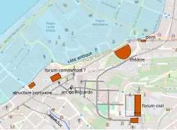 Vestiges antique d'une ville reportés sur son plan moderne.