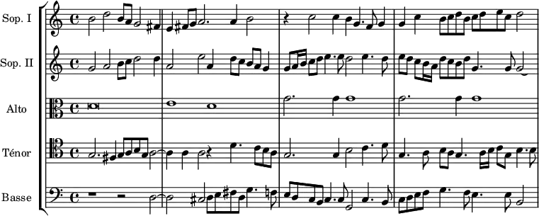 \version "2.18.2"
\header {
tagline = ##f
}
global= {
\time 4/2
\set Staff.timeSignatureFraction = 4/4
\key c \major
\tempo 2 = 60
}
Soprano = \new Voice \relative c'' {
\set Staff.instrumentName = #"Sop. I"
\set Staff.midiInstrument = #"orchestral harp"
b2 d b8 a g2 fis4 | e fis8 g a2. a4 b2 | r4 c2 c4 b g4. f8 g4 | g c b8 c d b c d e c d2
%\addlyrics { } % impossible de mettre le texte pour l'instant...
}
SopranoB = \new Voice \relative c'' {
\set Staff.instrumentName = #"Sop. II"
\set Staff.midiInstrument = #"orchestral harp"
\tempo 2 = 120
g2 a b8 c d2 d4 | a2 e' a,4 d8 c b a g4 | g8 a16 b c8 d e4. e8 d2 e4. d8 e d c b16 a d8 c b d g,4. g8 g2*1/2~ \hideNotes g4
% \addlyrics { Di- xit Do---- mi- nus, Do- mi- nus Do--- } % impossible de mettre le texte pour l'instant...
}
Alto = \new Voice \relative c' {
\set Staff.instrumentName = #"Alto"
\clef alto
\set Staff.midiInstrument = #"orchestral harp" %recorder"
d\breve | e1 d | \repeat unfold 2 { g2. g4 g1 }
}
Tenor = \new Voice \relative c' {
\set Staff.instrumentName = #"Ténor"
\clef tenor
\set Staff.midiInstrument = #"orchestral harp"
g2. fis4 g8 a b g a2~ a4 a a2 r4 d4. c8 b a | g2. g4 b2 c4. d8 | g,4. a8 b8 a g4. a16 b c8 g b4. b8
}
Basse = \new Voice \relative c {
\set Staff.instrumentName = #"Basse"
\clef bass
\set Staff.midiInstrument = #"orchestral harp"
r1 r2 d2~ d cis d8 e fis d g4. f8 | e d c b c4. c8 g2 c4. b8 | c8 d e f g4. f8 e4. e8 b2
}
\score {
\new StaffGroup <<
\new Staff << \global \Soprano >>
\new Staff << \global \SopranoB >>
\new Staff << \global \Alto >>
\new Staff << \global \Tenor >>
\new Staff << \global \Basse >>
>>
\layout {
#(layout-set-staff-size 17)
\context {
\Score
\remove "Metronome_mark_engraver"
\override SpacingSpanner.common-shortest-duration = #(ly:make-moment 1/2)
}
}
\midi { }
}
