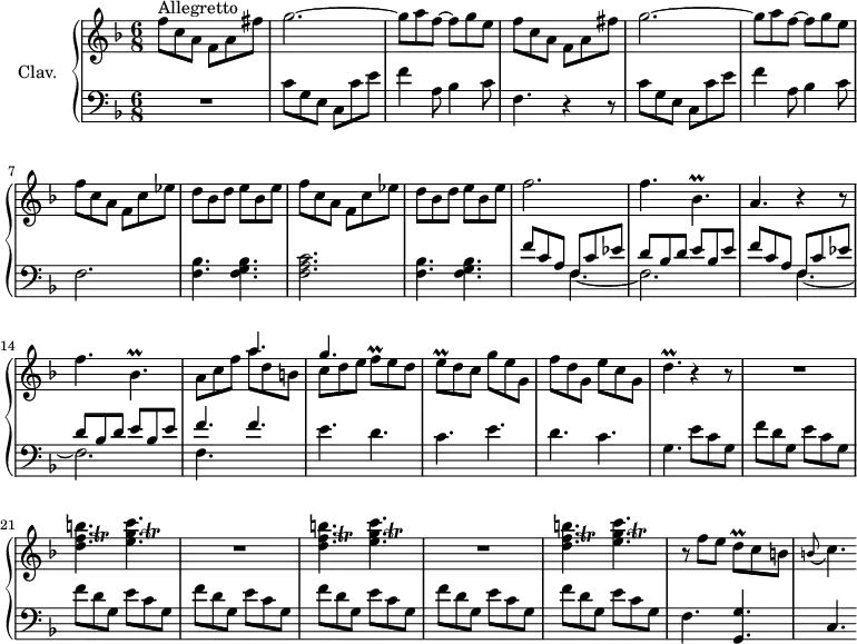 \version "2.18.2"
\header {
tagline = ##f
% composer = "Domenico Scarlatti"
% opus = "K. 541"
% meter = "Allegretto"
}
%% les petites notes
trillBespDown = { \tag #'print { bes,4.\prall } \tag #'midi { c32 bes c bes~ bes4 } }
trillFq = { \tag #'print { f8\prall } \tag #'midi { \times 2/3 { f32 g f~ } f16 } }
trillEq = { \tag #'print { e8\prall } \tag #'midi { \times 2/3 { e32 f e~ } e16 } }
trillDpUp = { \tag #'print { d'4.\prall } \tag #'midi { e32 d e d~ d4 } }
trillDq = { \tag #'print { d8\prall } \tag #'midi { \times 2/3 { d32 e d~ } d16 } }
trillDFtBp = { \tag #'print { < d f b >4.-\tweak X-offset #-3 -\tweak extra-offset #'(6.2 . -0.7)\trill } \tag #'midi { << { e32 f e f~ f4 } \\ { < d b' >4. } >> } }
trillEGtCBp = { \tag #'print { < e g c >4.-\tweak X-offset #-3 -\tweak extra-offset #'(6.2 . -0.4)\trill } \tag #'midi { << { a32 g a g~ g4 } \\ { < e c' >4. } >> } }
upper = \relative c'' {
\clef treble
\key f \major
\time 6/8
\tempo 4. = 92
\set Staff.midiInstrument = #"harpsichord"
\override TupletBracket.bracket-visibility = ##f
s8*0^\markup{Allegretto}
\repeat unfold 2 { f8 c a f a fis' | g2.~ | g8 a f~ f g e } |
% ms. 7
\repeat unfold 2 { f8 c a f c' ees | d bes d e bes e } |
% ms. 11
f2. | f4. \trillBespDown | a4. r4 r8 | f'4. \trillBespDown | << { \mergeDifferentlyDottedOn s4. a'4. } \\ { a,8 c f a d, b } >>
% ms. 16
<< { g'4. } \\ { c,8 d e } >> \trillFq e8 d | \trillEq d8 c g' e g, | f' d g, e' c g | \trillDpUp r4 r8 |
% ms. 21
\repeat unfold 3 { R2. | \trillDFtBp \trillEGtCBp } |
% ms. 26
r8 f8 e \trillDq c8 b | \appoggiatura b8 c4.
}
lower = \relative c' {
\clef bass
\key f \major
\time 6/8
\set Staff.midiInstrument = #"harpsichord"
\override TupletBracket.bracket-visibility = ##f
% ************************************** \appoggiatura a16 \repeat unfold 2 { } \times 2/3 { } \omit TupletNumber
R2. | c8 g e c c' e | f4 a,8 bes4 c8 | f,4. r4 r8 | c'8 g e c c' e |
% ms. 6
f4 a,8 bes4 c8 | f,2. | < f bes >4. < f g bes > | < f a c >2. | < f bes >4. < f g bes > |
% ms. 11
\repeat unfold 2 { << { f'8 c a f c' ees | d bes d e bes e } \\ { \mergeDifferentlyDottedOn s4. f,4.~ | f2. } >> } << { f'4. f } \\ { f,4. } >>
% ms. 16
\repeat unfold 2 { e'4. d c } g4. e'8 c g | \repeat unfold 6 { f'8 d g, e' c g } |
% ms. 26
f4. < g, g' > | c4.
}
thePianoStaff = \new PianoStaff <<
\set PianoStaff.instrumentName = #"Clav."
\new Staff = "upper" \upper
\new Staff = "lower" \lower
>>
\score {
\keepWithTag #'print \thePianoStaff
\layout {
#(layout-set-staff-size 17)
\context {
\Score
\override SpacingSpanner.common-shortest-duration = #(ly:make-moment 1/2)
\remove "Metronome_mark_engraver"
}
}
}
\score {
\keepWithTag #'midi \thePianoStaff
\midi { }
}