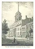 Le Merchant's Exchange d'origine, qui a été construit en 1827 et détruit lors du grand incendie de 1835.