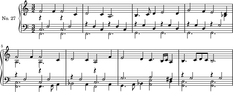 
\version "2.14.2"
\header {
  tagline = ##f
}
upper = \relative c' {
  \clef treble 
  \key a \minor
  \time 3/2
  \tempo 2 = 76
  \autoBeamOff
  \set Staff.midiInstrument = #"harpsichord"

    f2 f4 f2 c4 | d2 c4 a2. | b4. c8 d4 e2 d4 | g2 f4 e2 << { d4 } \\ { bes4 } >> |
    << { f'2 f4 f2 c4 } \\ { a2. a2. } >> 
    d2 c4 a2 f'4 | e2 d4 c4. b16[c] a4 | b4. c8[d c] b2.

}

lower = \relative c {
  \clef bass
  \key a \minor
  \time 3/2
  \set Staff.midiInstrument = #"harpsichord"

    << { r4 f2 r4 f2 } \\ { f,2. f2. } \\ { c'2. c2. } >> 
    << { r4 f4 c4 r4 f4 c4 } \\ { f,2. f2. } >> 
    << { r4 g'4 d4 r4 g4 d4 } \\ { g,2. g2. } >> 
    << { r4 g'4 d4 r4 g2 } \\ { g,2. g2. } >>

    << { r4 f'2 r4 f2 }  \\ { << f,2. \stemDown c'2. >> f,4. g8 a4 } \\ { s2. c2 } >> 
    << { r4 f2 r4 f2 }  \\ { bes,2 a4 f2 a4 } \\ { s2. c2. } >> 
    << { g'2. a2 fis4 }  \\ { g,4. a8 bes4 << e2 a,2 >> d4 } >> 
    << { r4 g2 r4 g2 } \\ { << d2. g,2. >> << d'2. g,2. >>  } >> 
}

\score {
  \new PianoStaff <<
    \set PianoStaff.instrumentName = #"No. 27"
    \new Staff = "upper" \upper
    \new Staff = "lower" \lower
  >>
  \layout {
    \context {
      \Score
      \remove "Metronome_mark_engraver"
    }
  }
  \midi { }
}
