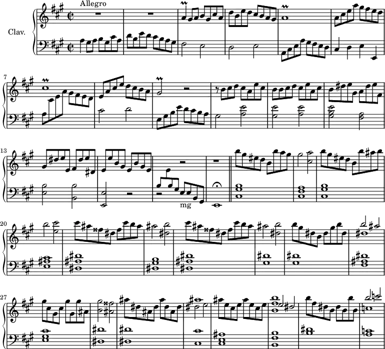 \version "2.18.2"
\header {
tagline = ##f
% composer = "Domenico Scarlatti"
% opus = "K. 368"
% meter = "Allegro"
}
%% les petites notes
trillA = { \tag #'print { a4\prall } \tag #'midi { b16 a b a } }
trillAr = { \tag #'print { a1\prall } \tag #'midi { b16 a b a~ a2. } }
trillCisr = { \tag #'print { cis1\prall } \tag #'midi { d16 cis d cis~ cis2. } }
trillGisb = { \tag #'print { gis2\prall } \tag #'midi { a16 gis a gis~ gis4 } }
upper = \relative c'' {
\clef treble
\key a \major
\time 2/2
\tempo 2 = 100
\set Staff.midiInstrument = #"harpsichord"
\override TupletBracket.bracket-visibility = ##f
s8*0^\markup{Allegro}
R1*2 | \trillA gis8 a b gis cis a | d b e d cis b a gis |
% ms. 5
\trillAr | a8 cis e a gis fis e d | \trillCisr | e,8 a cis e d cis b a |
% ms. 9
\trillGisb r2 | r8 b8 cis d cis a e' cis | b b cis d cis e a, cis | b dis e gis, a dis e fis, |
% ms. 13
gis8 dis' e e, fis dis' e dis, | e e' b gis e b' gis e | \stemUp \change Staff = "lower" b \stemDown \change Staff = "upper" e \stemUp \change Staff = "lower" b \stemUp \change Staff = "lower" gis \stemNeutral \change Staff = "upper" r2 | r1 |
% ms. 17
b''8 gis eis d b b' a gis | gis2 < cis, a' > | b'8 gis eis d b b' ais b | b2 < e, cis' > |
% ms. 21
\repeat unfold 2 { cis'8 ais fisis dis fisis cis' b ais | ais2 < dis, b' > }
% ms. 25
b'8 gis dis b dis gis b dis, | << { b'2 ais } \\ { dis,1 } >> | gis8 cis, gis cis gis' gis, gis' ais, | < b gis' >2 < ais fisis' > | ais'8 dis, ais dis ais' dis, ais dis |
% ms. 30
<< { ais'1 } \\ { dis,2 e } >> | ais8 e cis e ais e cis e | << { e2 dis } \\ { < b fis' b >1 } >> | b'8 fis dis b dis b b' b, | << { b'2 c } \\ { c,1 } >>
}
lower = \relative c' {
\clef bass
\key a \major
\time 2/2
\set Staff.midiInstrument = #"harpsichord"
\override TupletBracket.bracket-visibility = ##f
% ************************************** \appoggiatura a16 \repeat unfold 2 { } \times 2/3 { } \omit TupletNumber
a4 gis8 a b gis cis a | d b e d cis b a gis | fis2 e | d e |
% ms. 5
a,8 cis e a gis fis e d | cis4 d e e, | a'8 \stemDown \change Staff = "upper" cis e a gis fis e d | \stemNeutral \change Staff = "lower" cis2 d |
% ms. 9
e,8 gis b e d cis b a | gis2 < a e' >2 | < gis e' > < a e' > | < gis b e > < fis a > |
% ms. 13
< e b' >2 < b b' > | < e, e' > r2 | r2 e'8_\markup{mg} e b gis | e1\fermata \bar "||"
% ms. 17
< cis' gis' b >1 | < cis fis a > | < cis gis' b > | < e ais cis >
% ms. 21
< dis ais' dis >1 | < dis gis b > | < dis ais' dis > | < gis dis' > |
% ms. 25
q1 | < fis ais dis >1 | < e gis cis > | < dis dis' > q |
% ms. 30
< cis cis' >1 | < cis e ais > | < b fis' b > | < b' dis > | < a c >
}
thePianoStaff = \new PianoStaff <<
\set PianoStaff.instrumentName = #"Clav."
\new Staff = "upper" \upper
\new Staff = "lower" \lower
>>
\score {
\keepWithTag #'print \thePianoStaff
\layout {
#(layout-set-staff-size 17)
\context {
\Score
\override SpacingSpanner.common-shortest-duration = #(ly:make-moment 1/2)
\remove "Metronome_mark_engraver"
}
}
}
\score {
\keepWithTag #'midi \thePianoStaff
\midi { }
}