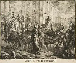 Gravure figurant un enfant sur un bœuf gras marchand derrière des cavaliers