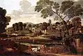 Photographie en couleurs d'un tableau représentant un vaste paysage antique, sur lequel se détachent au centre et au premier plan deux hommes portant le brancard d'un cadavre enroulé dans son linceul.