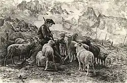 Illustration en noir et blanc d'un berger avec son troupeau de brebis