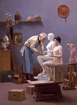 L'Artiste et son Modèle, 1894, Haggin Museum ; Gérôme se représente en train de sculpter Tanagra.