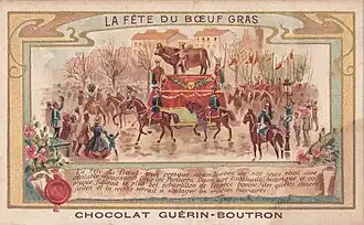 Image colorée figurant un char tiré par des chevaux portant un bœuf accompagné d'un homme tenant une massue