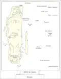 Chambre funéraire avec sur la moitié gauche un sarcophage en bois et sur la moitié droite divers contenus (amphores, céramiques, ances en fer...)