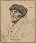 Portrait dessiné en buste d'Érasme avec un béret tourné vers la gauche du spectateur.