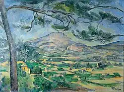 Peinture montrant la montagne Sainte-Victoire au dernier plan et un tronc de pin sur le bord gauche de la composition, le pont est devant la montagne.