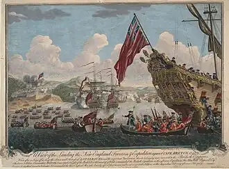 Vue du débarquement sur l'île du Cap-Breton en 1745. L'attaque de Louisbourg a été montée depuis la Nouvelle Angleterre.