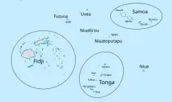 Carte politique de la Polynésie occidentale avec Futuna, Uvea, Samoa, Tonga et Fidji. Les îles sont en jaune et gris, la mer en bleu.