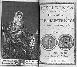 À gauche une gravure reproduisant le portrait par Mignard de madame de Maintenon. À droite, la page de titre du tome I des Mémoires de madame de Maintenon.
