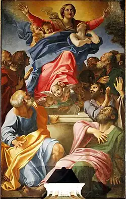 Peinture de la Vierge en gloire, les bras grands ouverts, au milieu d'une foule en extase.