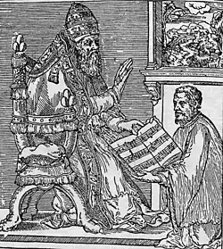 Gravure représentant Giovanni Pierluigi à genoux présentant un livre ouvert au pape, assis sur son trône et le bénissant de sa main.