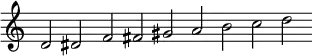 
\new Staff = "haut" \with {\remove "Time_signature_engraver"}{
\cadenzaOn
\relative c' {d2 dis f fis gis a b c d}
}
