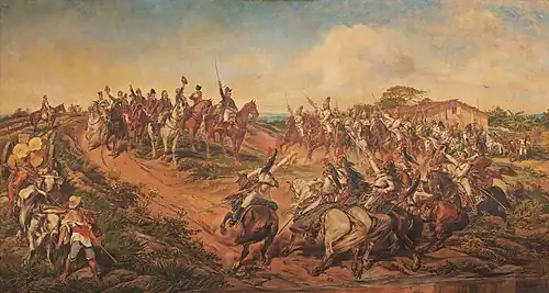 Peinture en couleurs. Une troupe de cavaliers victorieuse descend une colline. Elle salue d'autres troupes de cavaliers, qui accourent vers eux, en bas et sur la droite, tandis que des paysans observent la scène, à gauche.