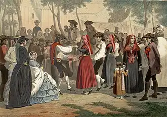 Illustration d'une fête avec des personnes costumés dansant.