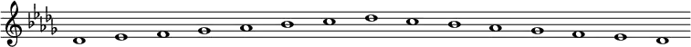 \new Staff {
\relative c' {
\key des \major
\override Staff.TimeSignature #'stencil = ##f
\override Staff.BarLine #'stencil = ##f
des1 es f ges as bes c des c bes as ges f es des
}
}
\midi {
\context {
\Score
tempoWholesPerMinute = #(ly:make-moment 120 1)
}
}