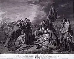 Gravure en noir et blanc. Tandis qu'une bataille est toujours en cours à l'arrière-plan, un groupe de personnages est rassemblé autour du général Wolfe, allongé mais soutenu par trois personnages, au centre. Parmi les personnages, un Indien agenouillé à gauche, un porte-drapeau à droite et, semble-t-il, des officiers d'armées différentes.