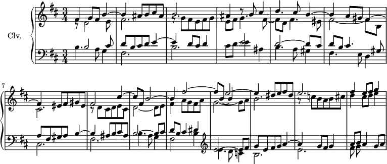 \version "2.18.2"
\header {
tagline = ##f
}
upper = \relative c' {
\clef treble
\key b \minor
\time 3/4
\tempo 4 = 86
%s8*0^\markup{Andante}
<< { s2.*10 s4 e'2~ e4 } \\ { \stemUp fis,4 g8 fis b4^~ | b ais8 b cis ais | b2. | ais4 d8\rest b8 cis4 | d4. cis8 b4^~ | b a8 gis fis4^~ | fis eis8 fis gis eis | fis2 cis'4^~ | cis8 fis, b2^~ | b4 fis'2^~ | fis8 b,8_~ \shiftOn b4 s4 | s4 dis8 e fis dis | e2. | fis4 e8 fis g4 | } \\ { \stemDown c,,8\rest d2 e8 | fis2. | f8\rest g8 fis e fis g | e fis g4. fis8_~ | fis d fis4. eis8 | fis2_~ fis8 b, | cis2. | c8\rest d8 cis d e cis | d2_~ d8 e | fis4 a8 g fis a | g2_~ g8 a | b2. | a8\rest c8 b a b cis | d4 cis8 d e4 | } >>
}
lower = \relative c {
\clef bass
\key b \minor
\time 3/4
<< { s8 b'2 cis8 | d8 b cis d e4~ | e d8 cis d4 | s4 e2 | d~ d8 cis | d b cis4. gis8 | a fis gis a b4~ | b ais8 b cis ais | b2~ b8 cis | d b cis4 dis \clef treble e2~ e8 fis | g8 e fis g a4~ | a g8 fis g4 a8 b a4 g8 a | } \\ { b,4. a8 g4 | fis2. | b | cis8 d e4 ais,4 | b4. a8 gis4 | fis4. e8 d4 | cis2. | fis | b4. a8 g4 | fis2 b4 \clef treble e4. d8 c4 | b2. | e | fis8 g } >>
}
\score {
\new PianoStaff <<
\set PianoStaff.instrumentName = #"Clv."
\new Staff = "upper" \upper
\new Staff = "lower" \lower
>>
\layout {
#(layout-set-staff-size 17)
\context {
\Score
\override SpacingSpanner.common-shortest-duration = #(ly:make-moment 1/2)
\omit TupletNumber
\remove "Metronome_mark_engraver"
}
}
\midi { \set Staff.midiInstrument = #"harpsichord" }
}