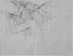 Dessin au graphite sur papier gris clair. Représentation inachevée du haut du corps de silhouettes portant le fusil devant leur visage pour viser un ennemi.