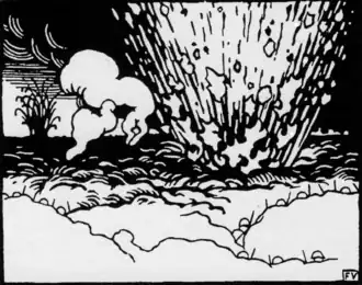 Gravure en noir et blanc montrant une explosion sur des tranchées avec des soldats.