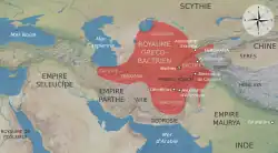 étendue du royaume gréco-bactrien vers 180 av. J.-C. à l'époque de son apogée territorial