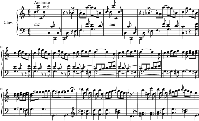 
\version "2.18.2"
\header {
  tagline = ##f
  % composer = "Domenico Scarlatti"
  % opus = "K. 398"
  % meter = "Andante"
}

%% les petites notes
trillBespUpUp    = { \tag #'print { bes''4.\prall~ } \tag #'midi { c32 bes c bes~ bes4~ } }
appoDb           = { \tag #'print { \appoggiatura e4 d2. } \tag #'midi { e4 d2 } }

upper = \relative c'' {
  \clef treble 
  \key c \major
  \time 6/8
  \tempo 4. = 98
  \set Staff.midiInstrument = #"harpsichord"
  \override TupletBracket.bracket-visibility = ##f

      s8*0^\markup{Andante}
      s4 c'8 s4 c,8^\markup{md} | \stemUp \change Staff = "lower" s4 c,8 s4 c,8  \stemNeutral  \change Staff = "upper" r4 r8 \trillBespUpUp | bes8 a a'~ a g b, |
      % ms. 5
      \stemUp c8 s8 c'8 s4 c,8 | \stemUp \change Staff = "lower" s4 c,8 s4 c,8 \stemNeutral  \change Staff = "upper" r4 r8 \trillBespUpUp | bes8 a a'~ a g b, | \repeat unfold 2 { c4 g'8 f d b |
      % ms. 10 et 13
      c4 e8 d b g } | \repeat unfold 2 { c4 d8 e d e |
      % ms. 14
      d4.~ d4 b8 } | c4 d8 e d e | 
      % ms. 18
      d4 \repeat unfold 2 { < b d >8 < c e > } | < b d >4 \repeat unfold 2 { < b d >8 < c e > } | < b d >8 fis' fis fis~ g g~ | g fis fis~ fis g   \tempo 4. = 25 g\fermata   \bar "||"   \tempo 4. = 98
      % ms. 22
      bes4 e,8 bes'4 e,8 | a4 d,8 a'4 d,8 | e f g  \appoggiatura a16 g8 f e | \appoDb |
      % ms. 26
      a'4 dis,8 c'4 dis,8 | b'4 e,8 b'4 e,8 | fis g a \appoggiatura b16 a8 g fis | e4 s8

}

lower = \relative c' {
  \clef bass
  \key c \major
  \time 6/8
  \set Staff.midiInstrument = #"harpsichord"
  \override TupletBracket.bracket-visibility = ##f

    % ************************************** \appoggiatura a16  \repeat unfold 2 {  } \times 2/3 { }   \omit TupletNumber 
      \stemDown \change Staff = "upper" c'4_\markup{mg} s8 c,4 s8  | \stemDown \change Staff = "lower" c,4 s8  c,4 s8 | c4 c'8 r4 e8 | << { f4 f'8 e4 d8 } \\ { \mergeDifferentlyDottedOn f,4. g } >>
      % ms. 5
      s8 \stemDown \change Staff = "upper" c'8_\markup{mg} s8 c,4 s8 | \stemDown \change Staff = "lower" c,4 s8 c,4 s8 | c4 c'8 r4 e8 | << { f4 f'8 e4 d8 } \\ { \mergeDifferentlyDottedOn f,4. g } >> | < c, c' >4 r8 r4 \repeat unfold 3 { < g' f' >8
      % ms. 10 et fin 12
      << { e'4 c8 } \\ { g4. } >> r8 r8 } < g f' >8 | << { \repeat unfold 2 { e'4 d8 c4.~ | c8 b c  d e f } } \\ { \repeat unfold 2 { g,4.~ g4 fis8 | g2.~ } g4.~ g4 fis8 } >> 
      % ms. 18
      \repeat unfold 2 { g4.~ g4 fis8 } | g4. g | g, g
      % ms. 22
        \clef treble  < g'' cis >4. q | < f d' > q | < g d' > < a cis > | d,4. r4 r8 |
      % ms. 26
      < fis a >4. q | < g b > < g e' > | < a e' > < b dis > | e,4.

}

thePianoStaff = \new PianoStaff <<
    \set PianoStaff.instrumentName = #"Clav."
    \new Staff = "upper" \upper
    \new Staff = "lower" \lower
  >>

\score {
  \keepWithTag #'print \thePianoStaff
  \layout {
      #(layout-set-staff-size 17)
    \context {
      \Score
     \override SpacingSpanner.common-shortest-duration = #(ly:make-moment 1/2)
      \remove "Metronome_mark_engraver"
    }
  }
}

\score {
  \keepWithTag #'midi \thePianoStaff
  \midi { }
}
