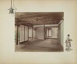Pièces, 1886. Photographie à l'albumine colorée à la main décorant un album. Intérieur d'une maison japonaise.