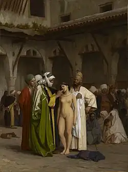 tableau XIXe : une femme nue entourée d'hommes en costume oriental