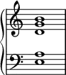  {
\override Score.TimeSignature #'stencil = ##f
\relative c' { \new PianoStaff << 
  \new Staff { \clef treble \time 4/4 \hide Staff.TimeSignature <d g b>1 } 
  \new Staff { \clef bass \time 4/4 \hide Staff.TimeSignature  <e, a>1 }
>> }}
