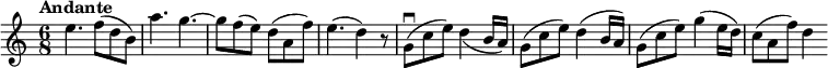 \new Staff \with {midiInstrument = #"violin"} {
\relative c'' {
\key c \major
\numericTimeSignature
\time 6/8
\tempo "Andante"
e4. f8( d b)
a'4. g~
g8 f( e) d( a f')
e4.( d4) r8
g,\downbow( c e) d4_( b16 a)
g8( c e) d4( b16 a)
g8( c e) g4( e16 d)
c8( a f') d4
}
}
\midi {
\context {
\Score
tempoWholesPerMinute = #(ly:make-moment 80 8)
}
}