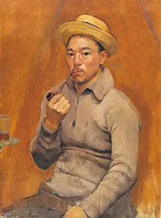 Portrait à l'huile d'un homme assis avec un chapeau et tenant une pipe à la bouche