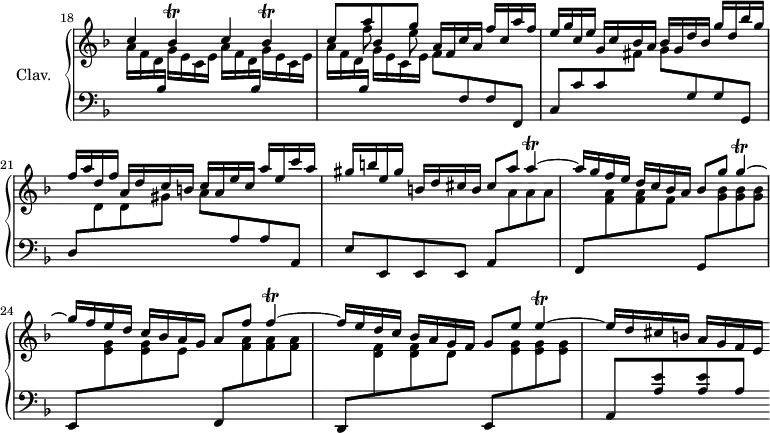 
\version "2.18.2"
\header {
  tagline = ##f
}

%% les petites notes
trillBes     = { \tag #'print { bes4\trill } \tag #'midi { c32 bes c bes c bes~ bes16 } }
trillA     = { \tag #'print { a4\trill^~ } \tag #'midi { bes32 a bes a bes a bes a~ } }
trillG     = { \tag #'print { g4\trill^~ } \tag #'midi { a32 g a g a g a g~ } }
trillF     = { \tag #'print { f4\trill^~ } \tag #'midi { g32 f g f g f g f~ } }
trillE     = { \tag #'print { e4\trill^~ } \tag #'midi { f32 e f e f e f e~ } }

upper = \relative c'' {
  \clef treble 
  \key d \minor
  \time 4/4
  \tempo 4 = 90
  \set Staff.midiInstrument = #"harpsichord"
  \set Score.currentBarNumber = #18
  \omit Staff.TimeSignature
    \bar ""

    \stemUp c4 \trillBes c4 \trillBes | << { c8 a' bes, g' } \\ { s8 f8 s8 e8 } >> a,16 f c' a f' c a' f | 
    % ms. 20 
    e16 g c, e  g, c bes a  bes g d' bes g' d bes' g | f a d, f a, d c b  c a e' c  a' e c' a | gis b e, gis  b, d cis b cis8 a' \trillA |
    % ms. 23
    a16 g f e d c bes a bes8 g' \trillG | g16 f e d c bes a g a8 f' \trillF f16 e d c bes a g f g8 e' \trillE | 
    % ms. 26
    e16 d cis b a g f e

}

lower = \relative c' {
  \clef bass
  \key d \minor
  \time 4/4
  \set Staff.midiInstrument = #"harpsichord"
  \omit Staff.TimeSignature

    % *****************************
     % ms. 18
     \repeat unfold 3 { \stemDown \change Staff = "upper" a'16 f d \stemUp \change Staff = "lower" bes16  \stemDown \change Staff = "upper" g'16 e c e } f8 \stemUp \change Staff = "lower" f,8 f f, | 
     % ms. 20
     c'8 c' c \stemDown \change Staff = "upper" fis8 g \stemUp \change Staff = "lower" g,8 g g, | d' \stemDown \change Staff = "upper" d'8 d gis a \stemUp \change Staff = "lower" a,8 a a,  | e' e, e e a \stemDown \change Staff = "upper" a''8 a a | 
     % ms. 23
     \stemUp \change Staff = "lower" f,,8  \stemDown \change Staff = "upper" < f'' a >8 q f \stemUp \change Staff = "lower" g,,8  \stemDown \change Staff = "upper" < g'' bes >8 q q | \stemUp \change Staff = "lower" e,,8 \stemDown \change Staff = "upper" < e'' g >8 q e  \stemUp \change Staff = "lower" f,,8 \stemDown \change Staff = "upper" < f'' a >8 q q |  \stemUp \change Staff = "lower" d,,8  \stemDown \change Staff = "upper" < d'' f >8 q d  \stemUp \change Staff = "lower" e,,8  \stemDown \change Staff = "upper" < e'' g >8 q q  | 
     % ms. 29
     \stemUp \change Staff = "lower" a,,8 < a' e' >8 q a 

} 

thePianoStaff = \new PianoStaff <<
    \set PianoStaff.instrumentName = #"Clav."
    \new Staff = "upper" \upper
    \new Staff = "lower" \lower
  >>

\score {
  \keepWithTag #'print \thePianoStaff
  \layout {
      #(layout-set-staff-size 17)
    \context {
      \Score
     \override SpacingSpanner.common-shortest-duration = #(ly:make-moment 1/2)
      \remove "Metronome_mark_engraver"
    }
  }
}

\score {
  \keepWithTag #'midi \thePianoStaff
  \midi { }
}
