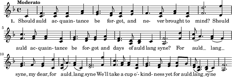\new PianoStaff <<
\new Staff { \time 4/4 \key f \major \tempo "Moderato" <<
\new Voice = "melody" { \relative d' { \stemUp
\partial 4
c4 | <c f>4. <c f>8 <c f>4 <f a> | <e g>4. <d f>8 <c f>4 <e a> | f4. <c f>8 <f a>4 <f c> | <f d'>2.
<d f'>4 | <f c'>4. <f a>8 <f a>4 <c f> | <e g>4. <d f>8 <e g>4 <e a> | <d f>4. <a d>8 <bes d>4 c | <a f'>2.
<f' d'>4 | <f c'>8 (a4.) <f a>4 (f) | <e g>4. f8 <e g>4 <c d'> | <f c>8 (a4.) <f a>4 (c) | <f d>2.
<f f'>4 | <f c'>4. <f a>8 <f a>4 <c f> | <e g>4. <d f>8 <e g>4 <e a>8 g | <d f> (<a d>4.) <bes d>4 (c) | <a f'>2. } } >> }

\new Lyrics \lyricsto "melody" { \set stanza =
#"1. " Should auld ac- quain- tance be for- got, and ne- ver brought to mind?
Should auld ac- quain- tance be for- got and days of auld lang syne?
For auld __ lang __ syne, my dear, for auld __ lang __ syne
We'll take a cup o'- kind- ness yet for auld __ lang __ syne"" }
>>

