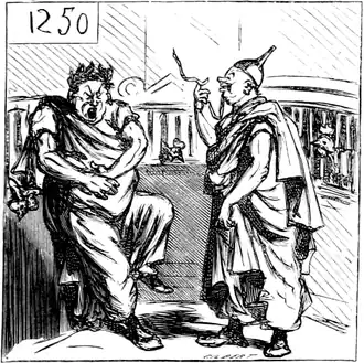 Un augure, en proie à une violente colique, reçoit la visite d’un de ses collègues qui lui offre un clysopompe qu'il a sur sa tête.