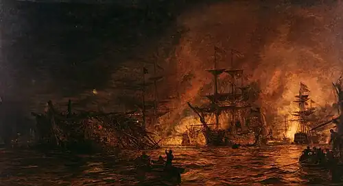 Peinture de William Lionel Wyllie représentant la bataille d'Aboukir