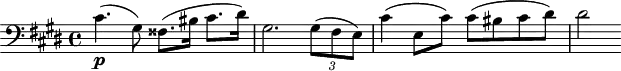 \header {
tagline = ##f
}
\score {
\new Staff \with {
}
<<
\relative c' {
\key cis \minor
\time 4/4
\tempo 4 = 50
\override TupletBracket #'bracket-visibility = ##f
%\autoBeamOff
\set Staff.midiInstrument = #"string ensemble 1"
%%% AB 7-2 th1 (ms. 1)
\clef bass cis4.\p( gis8) fisis8.( bis16 cis8. dis16) gis,2. \times 2/3 { gis8( fis e) } cis'4( e,8 cis') cis( bis cis dis) dis2
}
>>
\layout {
\context { \Score \remove "Metronome_mark_engraver"
}
}
\midi {}
}