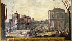 Vue du bâtiment et d'une scène temporaire devant une fresque du Salone delle Feste