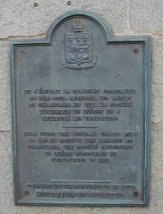 Plaque commémorant la chapelle Champlain.