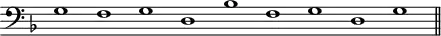 
\header {
  tagline = ##f
}

\score {
  \new Staff \with {
    \remove "Time_signature_engraver"
  }
  \relative c' {
    \key f \major
    \time 9/1
    \tempo 1 = 60
    \autoBeamOff
    \clef bass
    \override Rest #'style = #'classical
    \set Staff.midiInstrument = #"harpsichord"

      g1 f g d bes' f g d g
    
    \bar "||"
  }
  \layout {
    \context {
      \Score
      \remove "Metronome_mark_engraver"
    }
  }
  \midi {}
}

