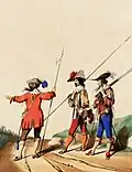 Gardes françaises, sergent, piquier et mousquetaire (1630).