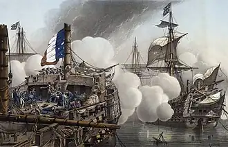 Peinture de Louis Le Breton représentant la frégate Tonnant à la bataille d'Aboukir