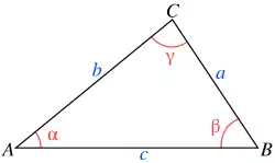 Triangle ABC avec les notations AB=c, AC=b, BC=a, d’angle α en A, β en B et γ en C